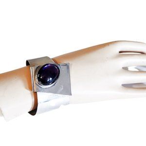 1990s Vintage Brutalist Chrome Metal Cuff Bracelet With A Large Purple Stone